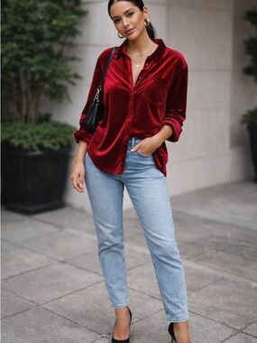 Velvet Button-Up Blouse in Deep Wine Red